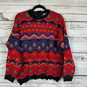Womens VTG 80s Roseanna Red Black Sparkle Striped Crewneck Bold Print Sweater L
